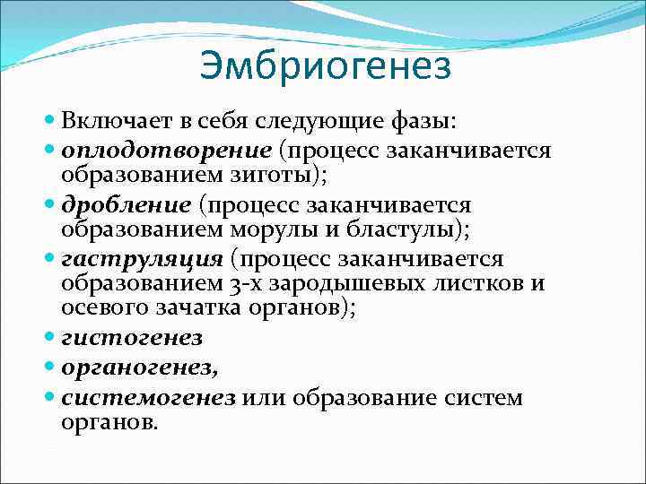 Эмбриогенез Включает в себя следующие фазы: оплодотворение (процесс заканчивается образованием зиготы); дробление (процесс заканчивается