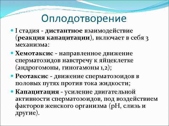 Оплодотворение I стадия - дистантное взаимодействие (реакция капацитации), включает в себя 3 механизма: Хемотаксис