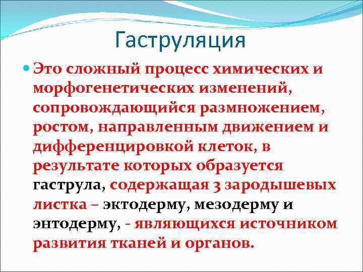 Гаструляция Это сложный процесс химических и морфогенетических изменений, сопровождающийся размножением, ростом, направленным движением и