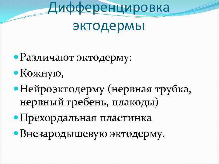 Дифференцировка эктодермы Различают эктодерму: Кожную, Нейроэктодерму (нервная трубка, нервный гребень, плакоды) Прехордальная пластинка Внезародышевую