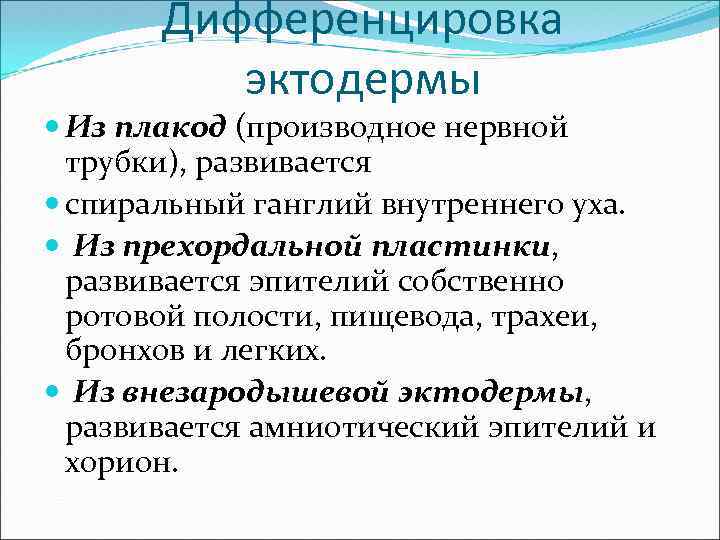 Дифференцировка эктодермы Из плакод (производное нервной трубки), развивается спиральный ганглий внутреннего уха. Из прехордальной