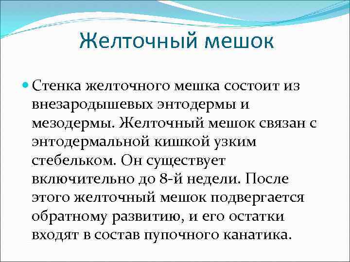 Желточный мешок Стенка желточного мешка состоит из внезародышевых энтодермы и мезодермы. Желточный мешок связан