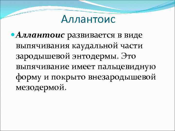 Аллантоис развивается в виде выпячивания каудальной части зародышевой энтодермы. Это выпячивание имеет пальцевидную форму