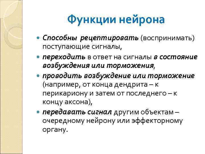 Функции нейрона Способны рецептировать (воспринимать) поступающие сигналы, переходить в ответ на сигналы в состояние