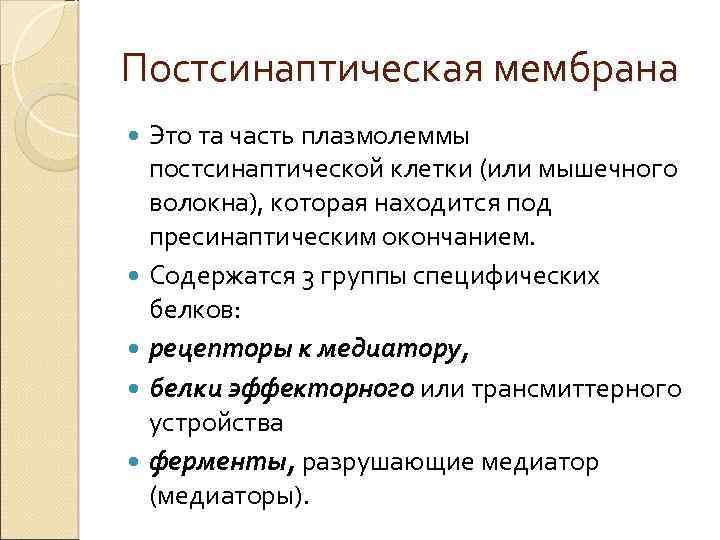 Постсинаптическая мембрана Это та часть плазмолеммы постсинаптической клетки (или мышечного волокна), которая находится под