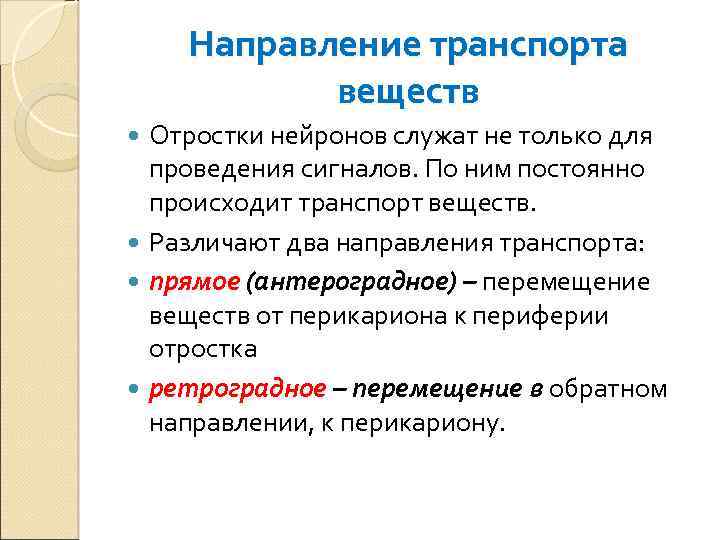 Направление транспорта веществ Отростки нейронов служат не только для проведения сигналов. По ним постоянно