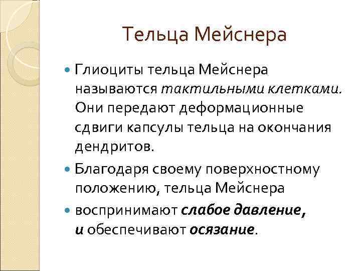 Тельца Мейснера Глиоциты тельца Мейснера называются тактильными клетками. Они передают деформационные сдвиги капсулы тельца