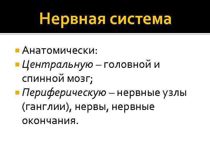 Нервная система Анатомически: Центральную – головной и спинной мозг; Периферическую – нервные узлы (ганглии),