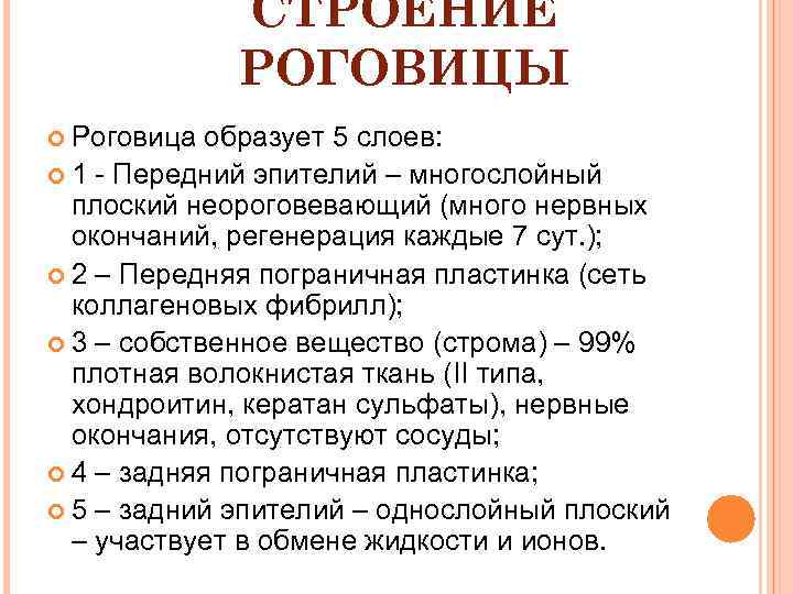 СТРОЕНИЕ РОГОВИЦЫ Роговица образует 5 слоев: 1 - Передний эпителий – многослойный плоский неороговевающий