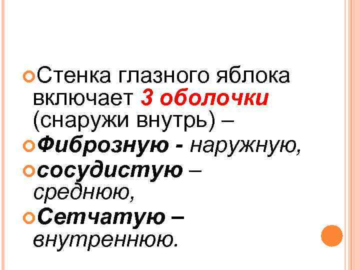  Стенка глазного яблока включает 3 оболочки (снаружи внутрь) – Фиброзную - наружную, сосудистую