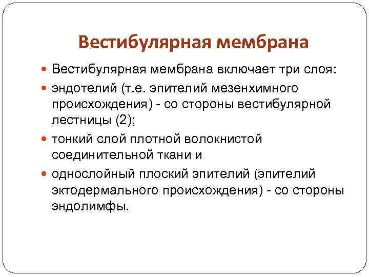 Вестибулярная мембрана включает три слоя: эндотелий (т. е. эпителий мезенхимного происхождения) - со стороны