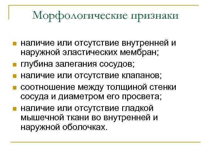 Морфологические признаки n n n наличие или отсутствие внутренней и наружной эластических мембран; глубина