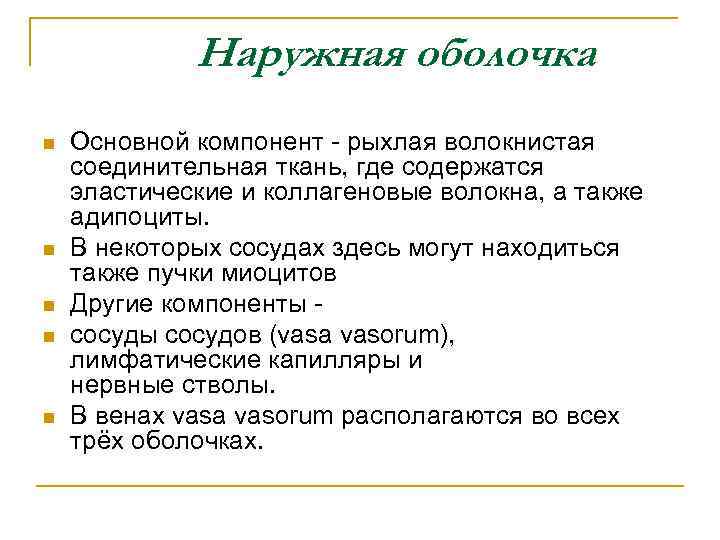 Наружная оболочка n n n Основной компонент - рыхлая волокнистая соединительная ткань, где содержатся