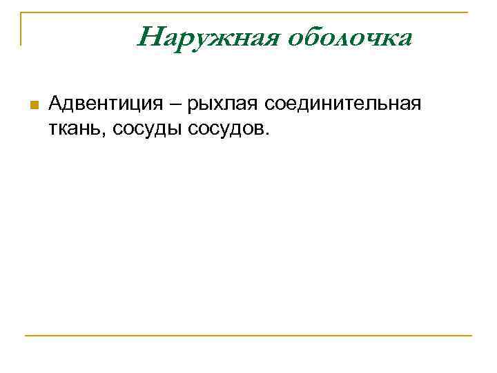 Наружная оболочка n Адвентиция – рыхлая соединительная ткань, сосуды сосудов. 