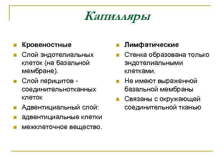 Капилляры n n n Кровеностные Слой эндотелиальных клеток (на базальной мембране). Слой перицитов соединительнотканных