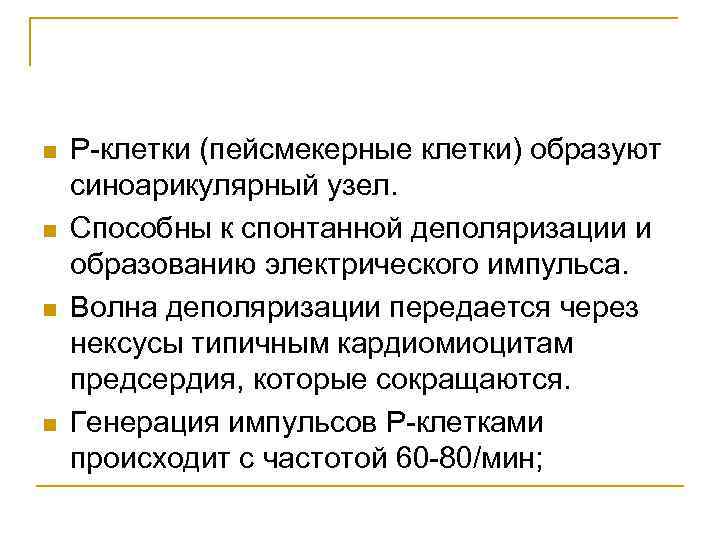n n Р-клетки (пейсмекерные клетки) образуют синоарикулярный узел. Способны к спонтанной деполяризации и образованию