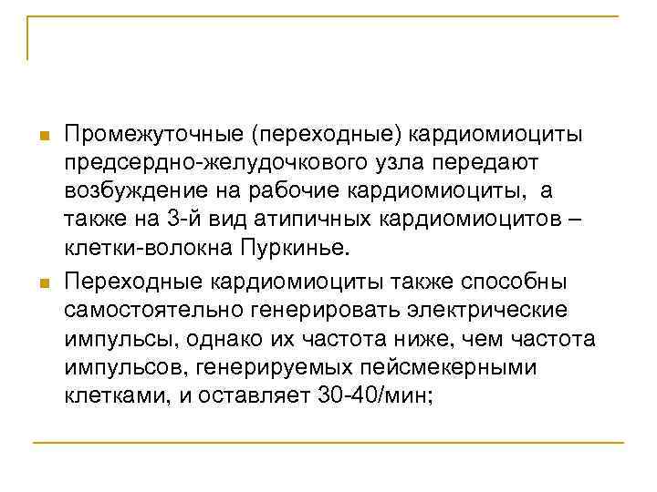 n n Промежуточные (переходные) кардиомиоциты предсердно-желудочкового узла передают возбуждение на рабочие кардиомиоциты, а также