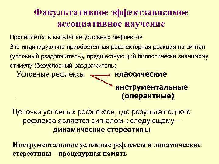 Факультативное эффектзависимое ассоциативное научение Проявляется в выработке условных рефлексов Это индивидуально приобретенная рефлекторная реакция