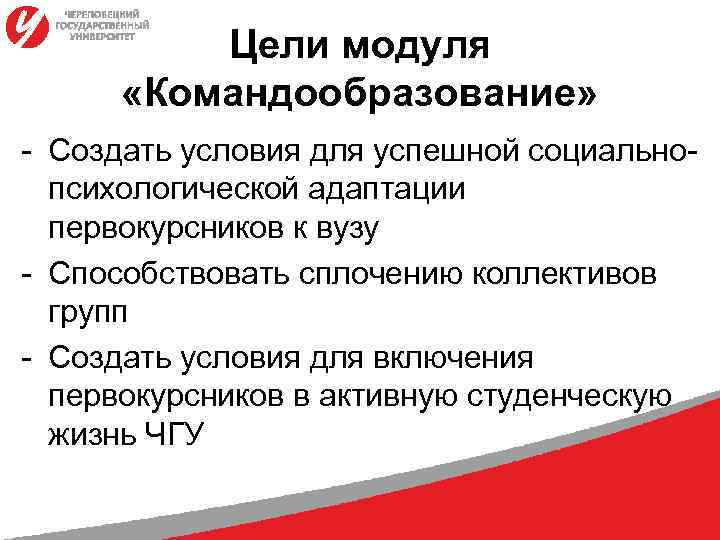 Цели модуля «Командообразование» - Создать условия для успешной социальнопсихологической адаптации первокурсников к вузу -