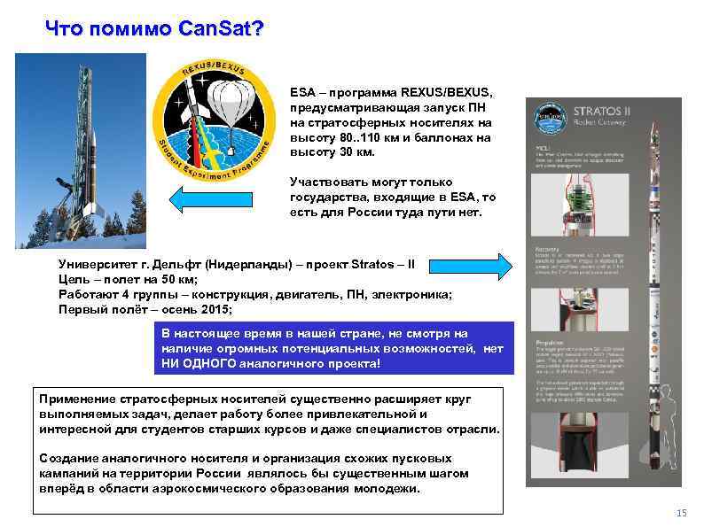 Что помимо Can. Sat? ESA – программа REXUS/BEXUS, предусматривающая запуск ПН на стратосферных носителях
