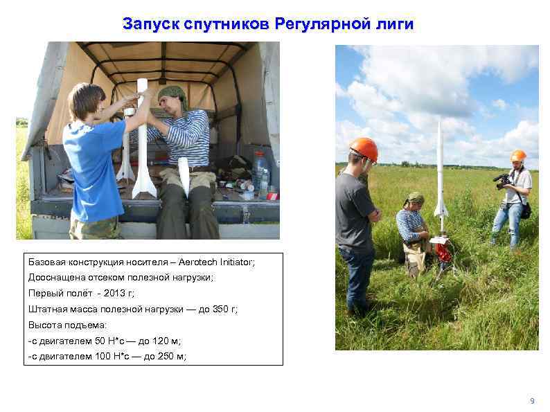 Запуск спутников Регулярной лиги Базовая конструкция носителя – Aerotech Initiator; Дооснащена отсеком полезной нагрузки;