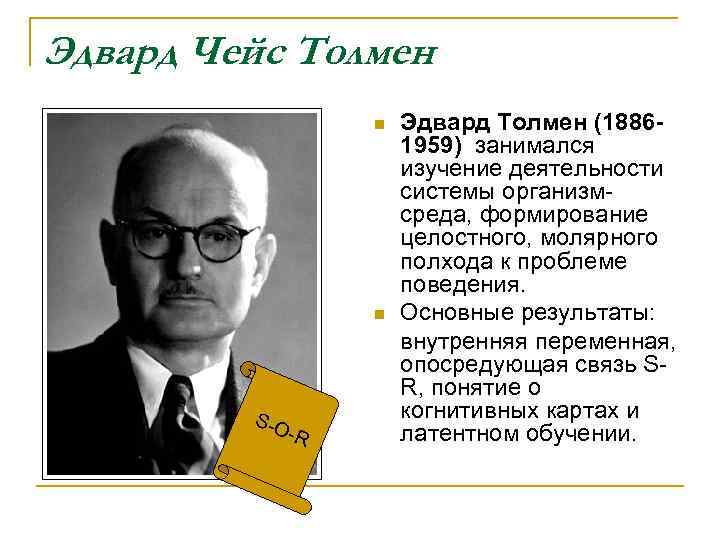 Эдвард Чейс Толмен Эдвард Толмен (18861959) занимался изучение деятельности системы организмсреда, формирование целостного, молярного