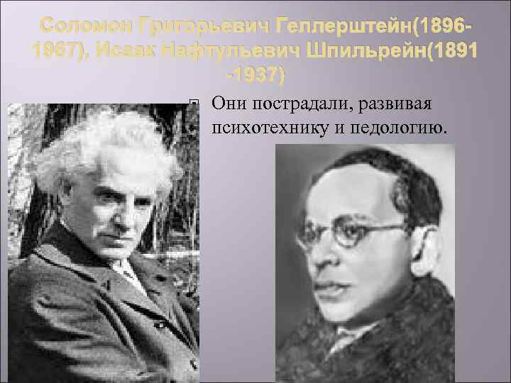 Соломон Григорьевич Геллерштейн(18961967), Исаак Нафтульевич Шпильрейн(1891 -1937) Они пострадали, развивая психотехнику и педологию. 
