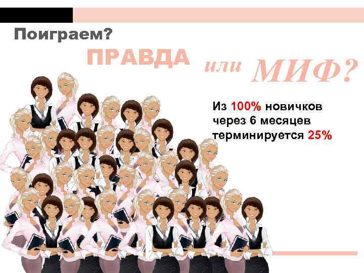 Поиграем? ПРАВДА Из 100% новичков через 6 месяцев терминируется 25% 