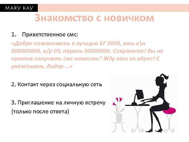 Знакомство с новичком 1. Приветственное смс: «Добро пожаловать в лучшую БГ 0000, ваш кн
