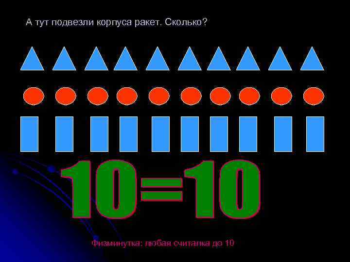 А тут подвезли корпуса ракет. Сколько? Физминутка: любая считалка до 10 