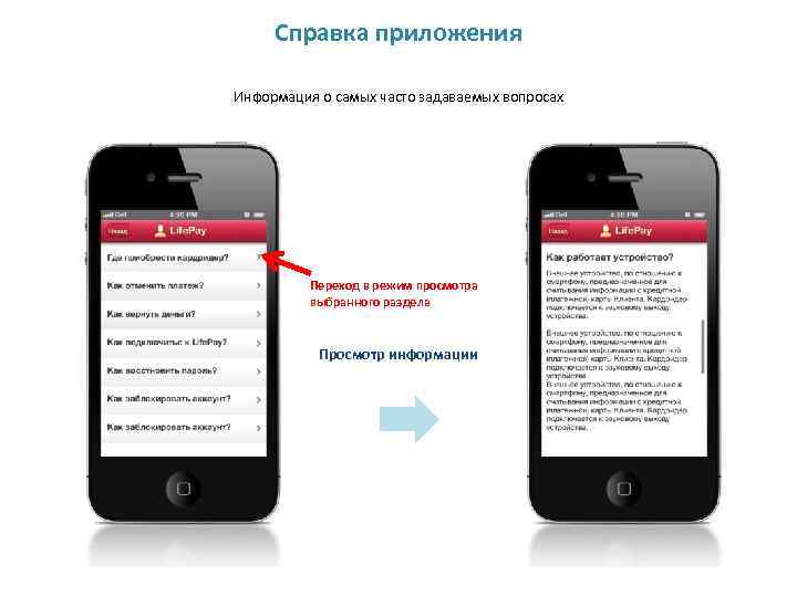 Справка приложения Информация о самых часто задаваемых вопросах Переход в режим просмотра выбранного раздела
