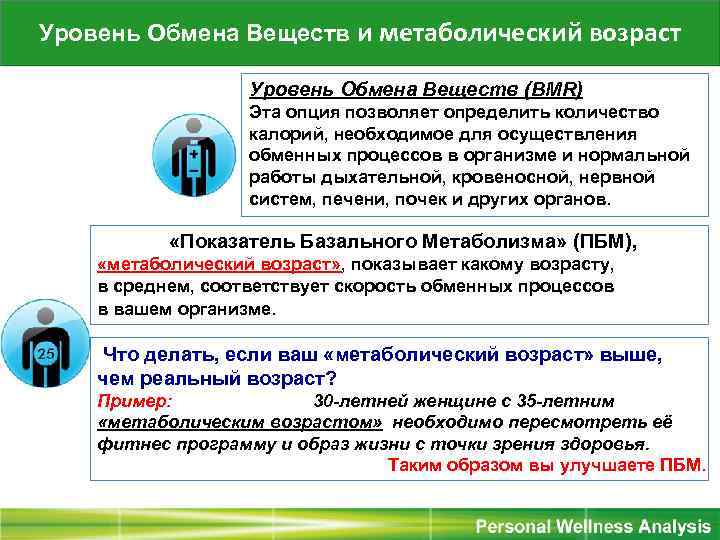 Уровень Обмена Веществ и метаболический возраст Уровень Обмена Веществ (BMR) Эта опция позволяет определить