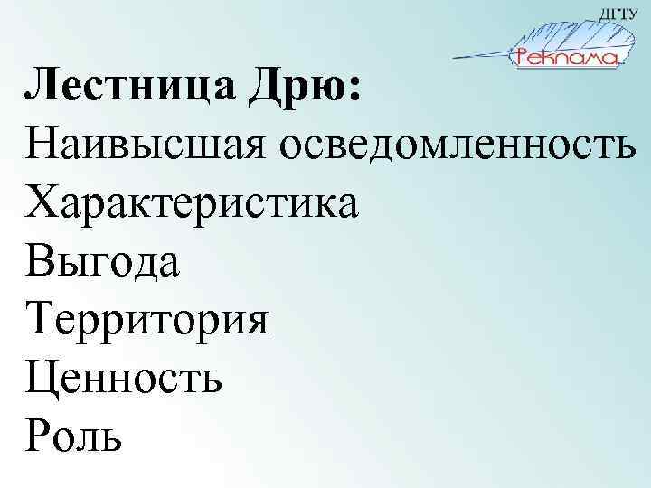 Лестница Дрю: Наивысшая осведомленность Характеристика Выгода Территория Ценность Роль 