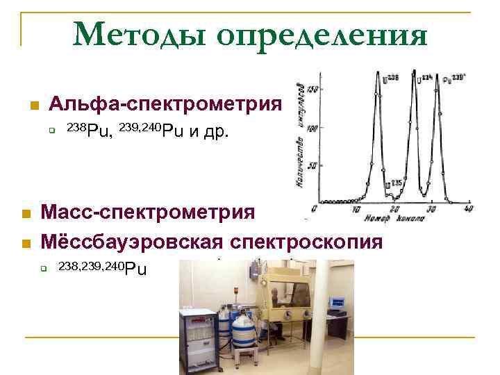 Методы определения Альфа-спектрометрия n q n n 238 Pu, 239, 240 Pu и др.