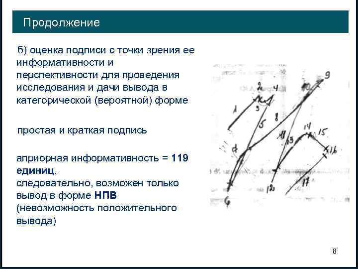 Продолжение б) оценка подписи с точки зрения ее информативности и перспективности для проведения исследования