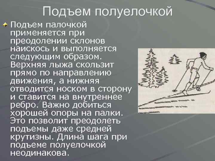 Цели задачи подъем подъем. Описание подъема полуелочкой. Подъем в гору полуелочкой на лыжах. Техника подъема елочкой и полуелочкой. Техника выполнения подъема полуелочкой.