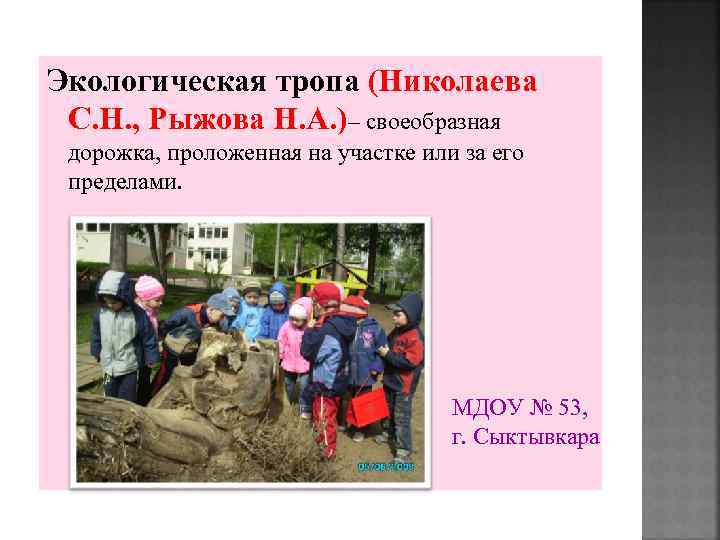 Экологическая тропа (Николаева С. Н. , Рыжова Н. А. )– своеобразная дорожка, проложенная на