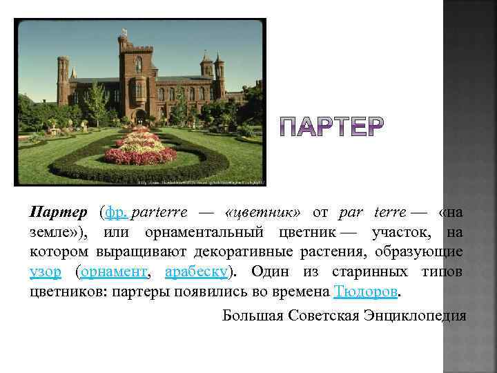 Партер (фр. parterre — «цветник» от par terre — «на земле» ), или орнаментальный