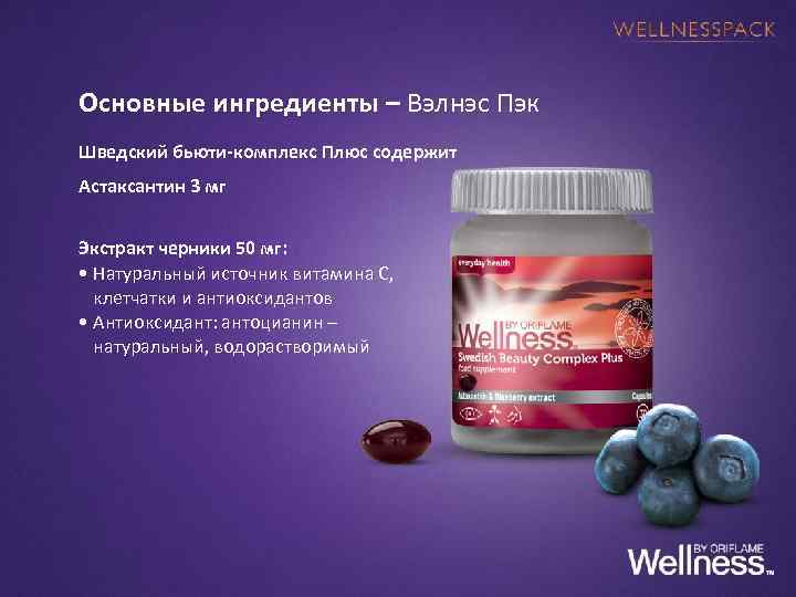 Основные ингредиенты – Вэлнэс Пэк Шведский бьюти-комплекс Плюс содержит Астаксантин 3 мг Экстракт черники