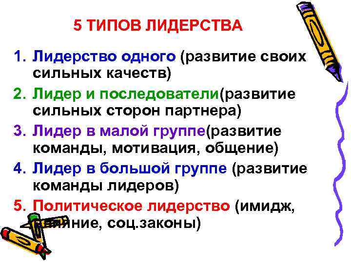 5 ТИПОВ ЛИДЕРСТВА 1. Лидерство одного (развитие своих сильных качеств) 2. Лидер и последователи(развитие