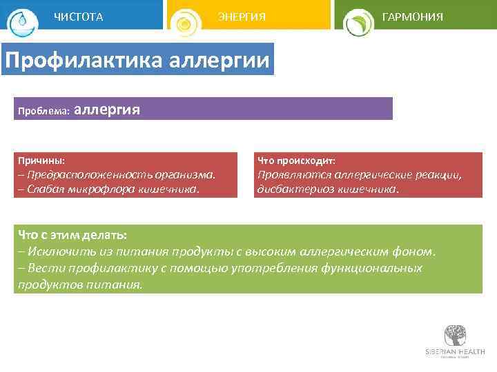 ЧИСТОТА ЭНЕРГИЯ ГАРМОНИЯ Профилактика аллергии Проблема: аллергия Причины: – Предрасположенность организма. – Слабая микрофлора