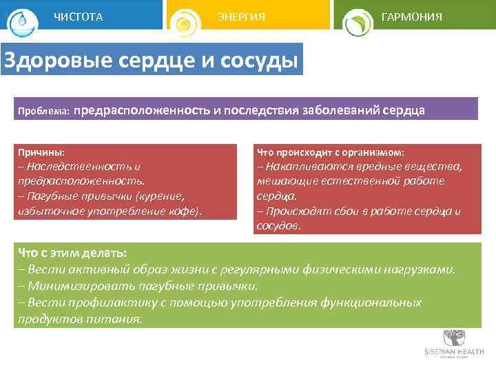 ЧИСТОТА ЭНЕРГИЯ ГАРМОНИЯ Здоровые сердце и сосуды Проблема: предрасположенность и последствия заболеваний сердца Причины: