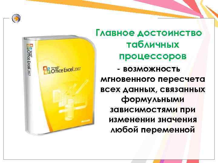 Главное достоинство табличных процессоров - возможность мгновенного пересчета всех данных, связанных формульными зависимостями при