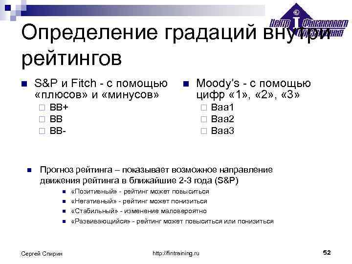 Определение градаций внутри рейтингов n S&P и Fitch - c помощью «плюсов» и «минусов»