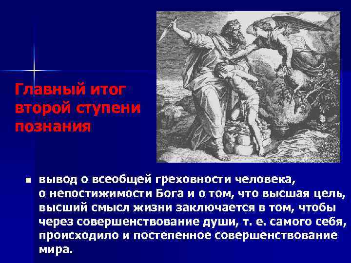 Главный итог второй ступени познания n вывод о всеобщей греховности человека, о непостижимости Бога