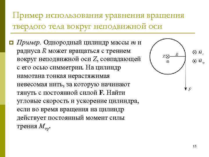 Пример использования уравнения вращения твердого тела вокруг неподвижной оси p Пример. Однородный цилиндр массы