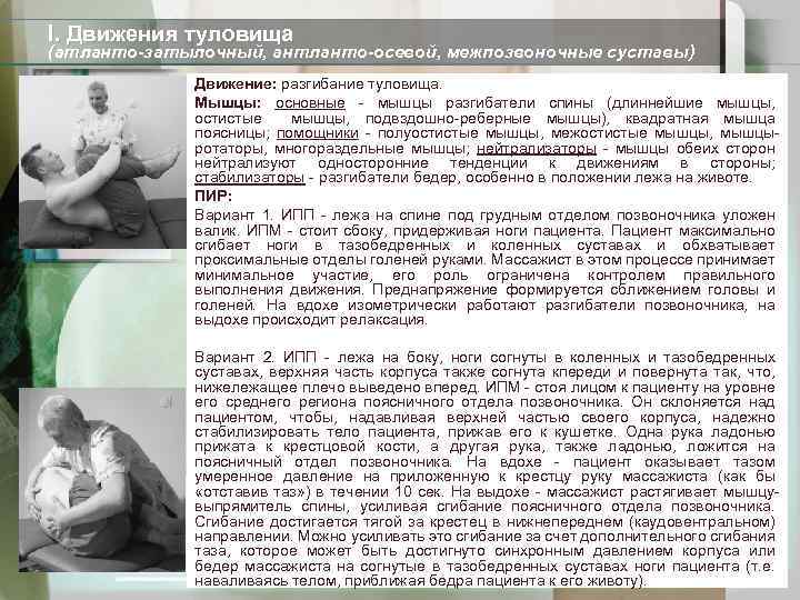 I. Движения туловища (атланто-затылочный, антланто-осевой, межпозвоночные суставы) Движение: разгибание туловища. Мышцы: основные - мышцы