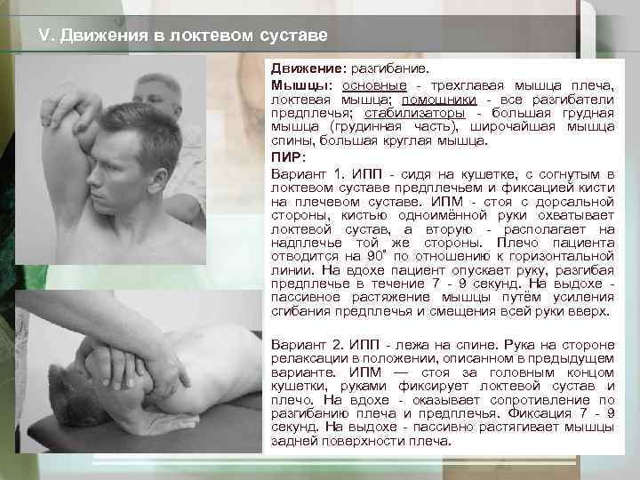 V. Движения в локтевом суставе Движение: разгибание. Мышцы: основные - трехглавая мышца плеча, локтевая