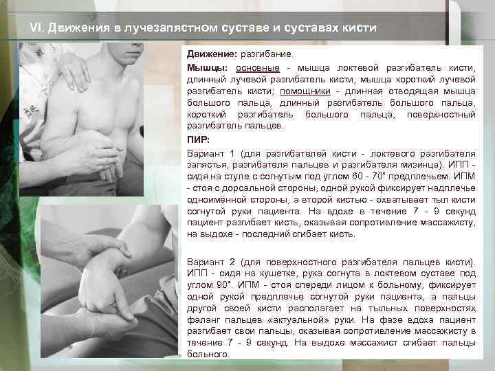VI. Движения в лучезапястном суставе и суставах кисти Движение: разгибание. Мышцы: основные - мышца