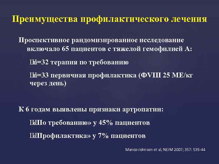 Преимущества профилактического лечения Проспективное рандомизированное исследование включало 65 пациентов с тяжелой гемофилией А: Ш